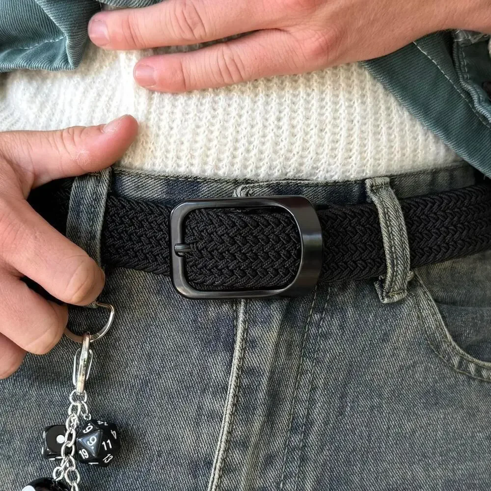 Y2K Black Grey Elastic Belt Silver Hardware Adjustable Unisex New